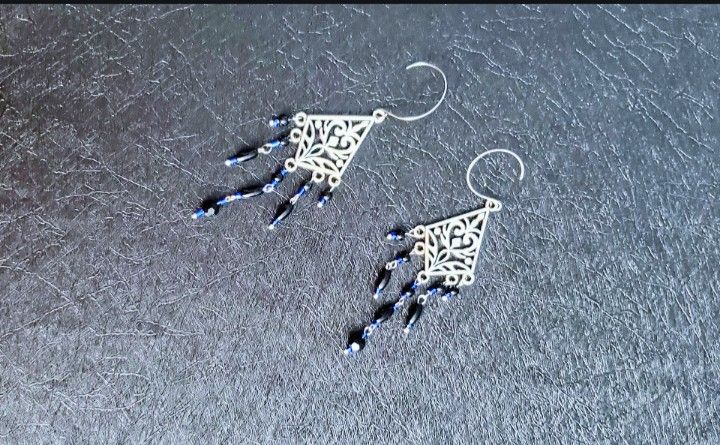 Silver Hooks, Blue Glass Beads, Chandelier Style Earrings