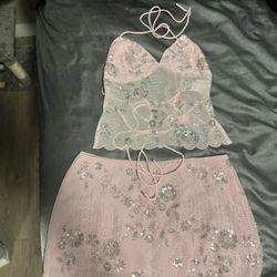 EDIKTED nelley backless beaded sequin chiffon top and mini skirt