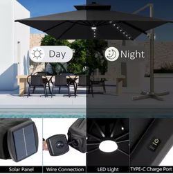 Double Top 13.5 ft. x 10 ft. 360° Solar LED Lighted Cantilever Patio Umbrella in Black