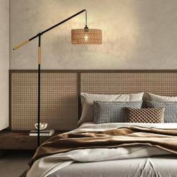 1-Light Black Modern Rope Adjustable Swing Arm Floor Lamp with Rattan Shade Marble Base Foot Switch for Bedroom