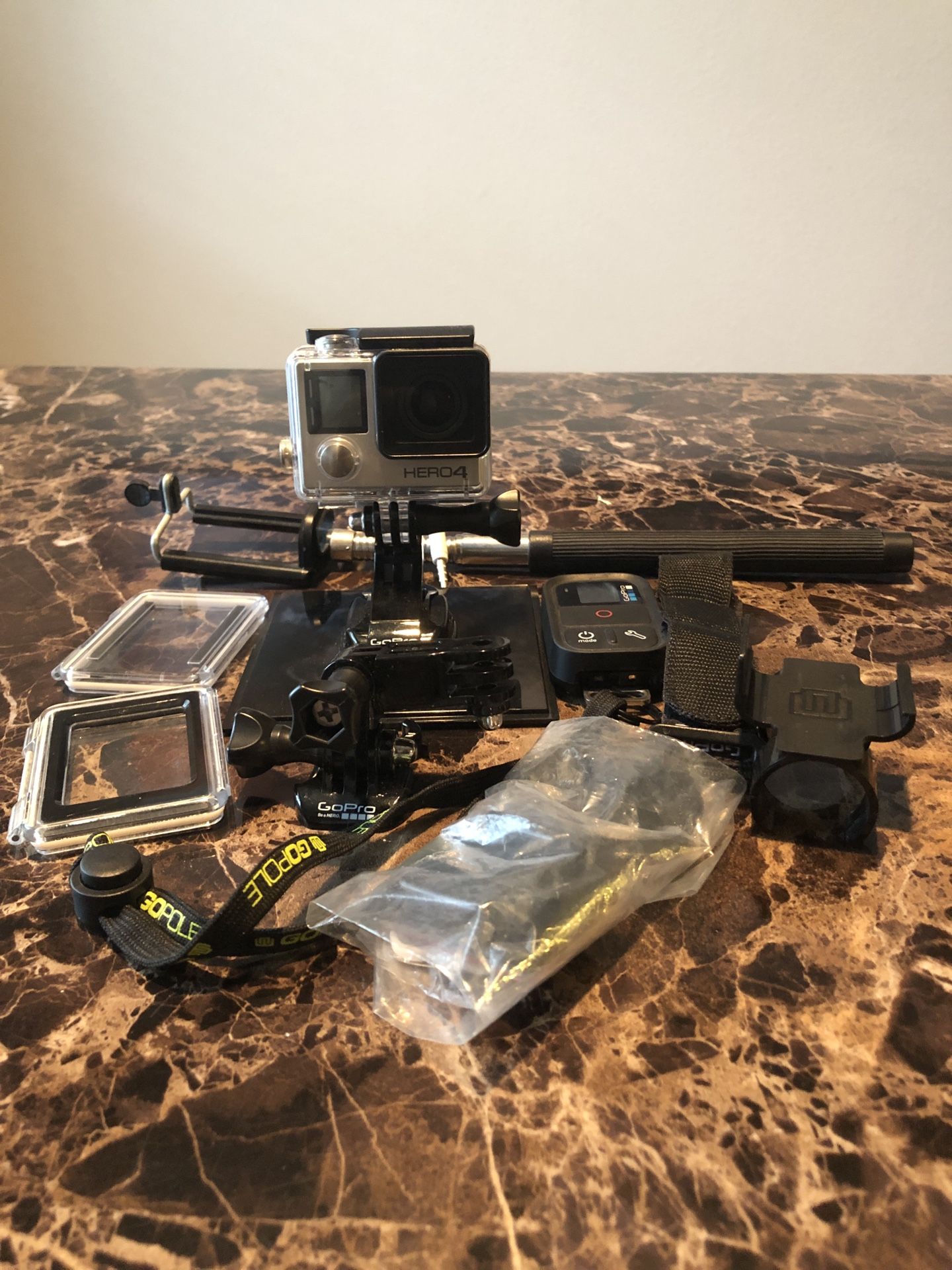 GoPro Hero 4 (camera cases, selfie stick, remote for video and pictures)