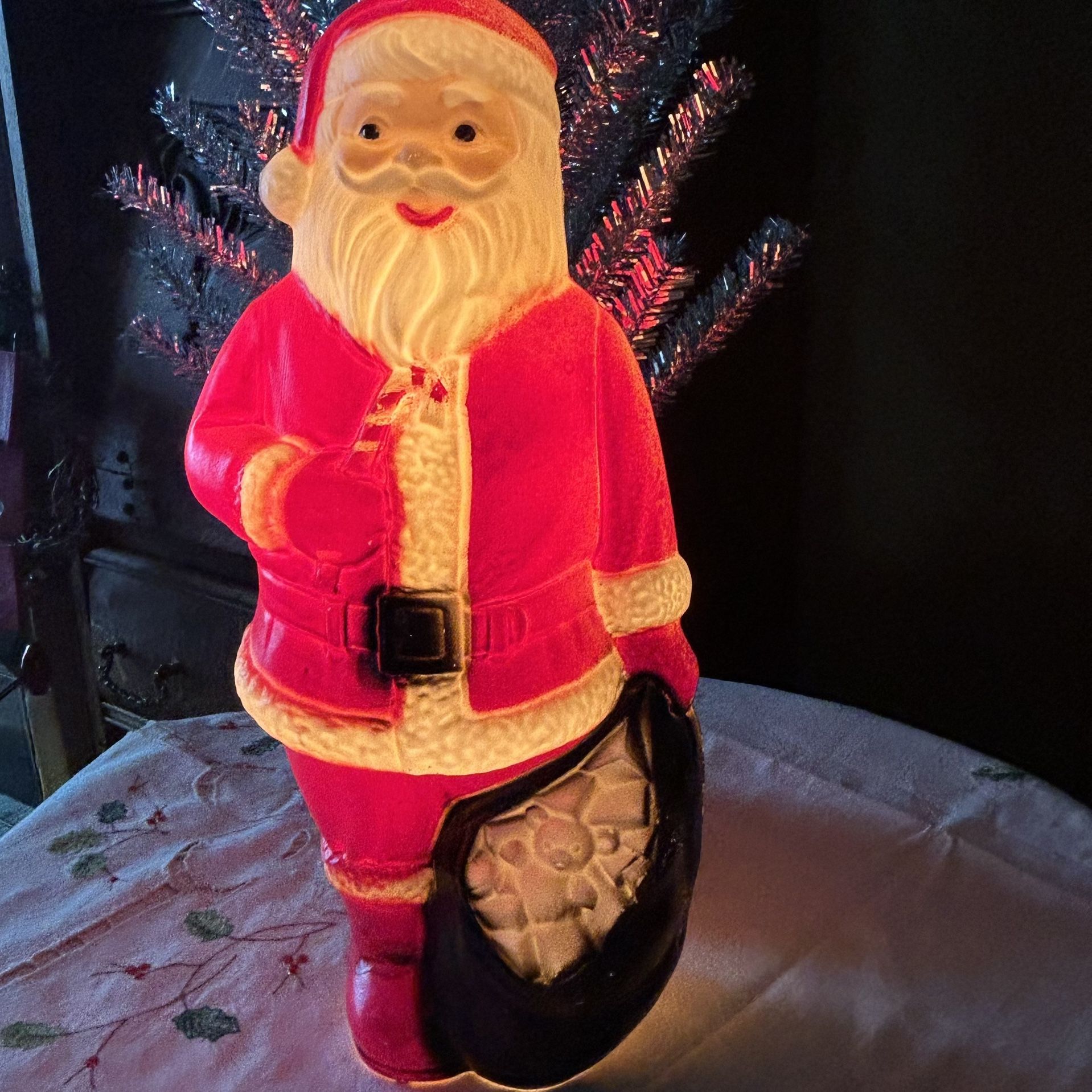 Vintage Santa — Blow Mold Lighted Santa Holding Candy Cane — Mid Century — 13"