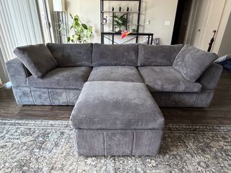 Gray Corduroy Sectional Sofa with Ottoman