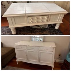 Dresser/Buffet & Coffee Table Set. White, solid wood, lots of storage. Mirror separate.