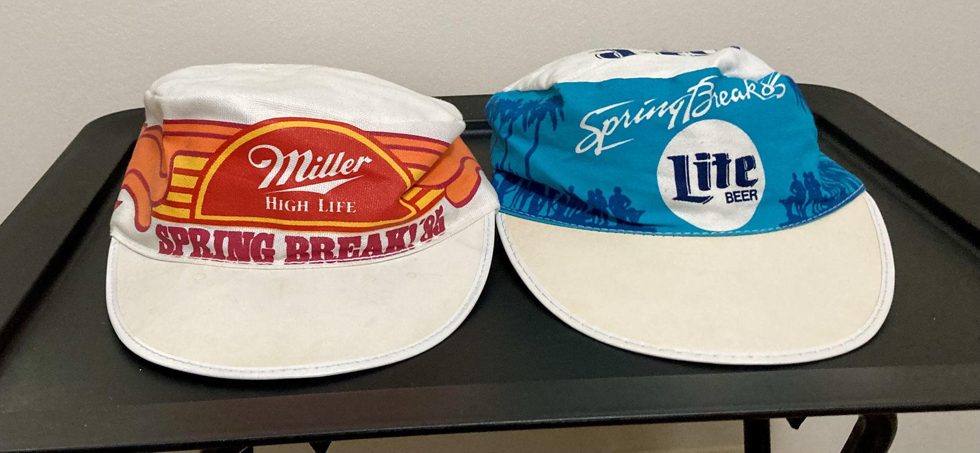 Vintage 1985 Miller Lite And Miller High Life Spring Break Caps.