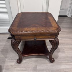 Solid Wood Carved End Table w/ Drawer & Shelf – 24x27x24.5