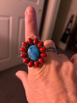 Turquoise and Coral Cluster Statement Ring