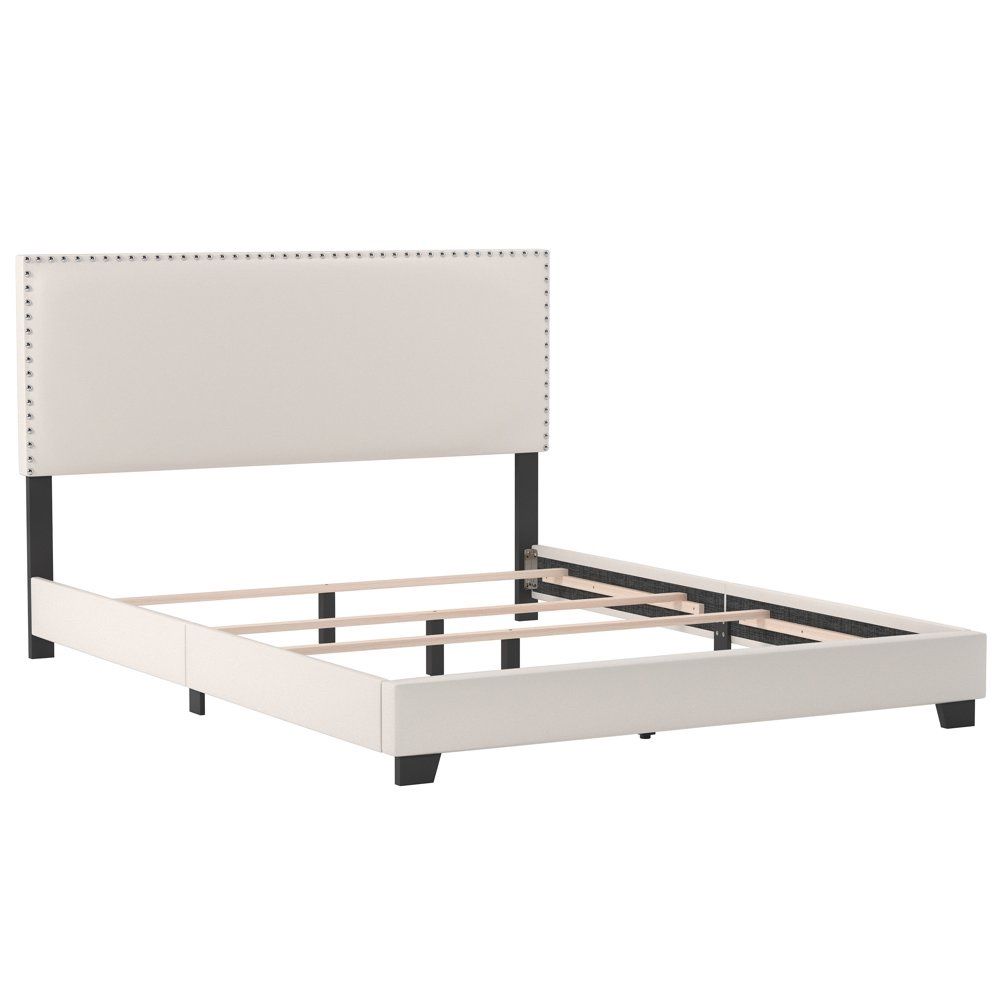 Willow Nailhead Trim Upholstered Queen Bed, White Faux Leather, by Hillsdale Living Essentials