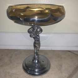 Farber Bros. Krome Kraft Chrome / Amber Glass Nude Woman Compote Candy Dish
