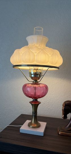 Vintage Cranberry Glass and Milk Glass Hurricane Lamp