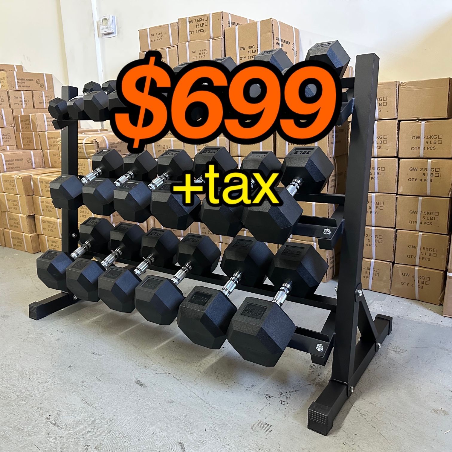5-50 Lb Rubber Coated Hex Dumbbell Set with 3-Tier Heavy Duty Dumbbell Rack New in Box