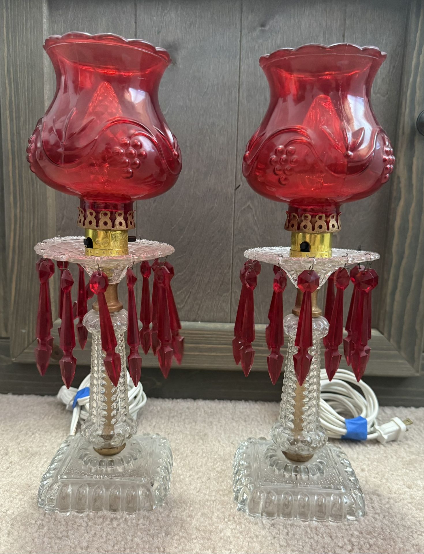 Pair Of Vintage Etched Cranberry Glass Boudoir Hurricane Lamps
