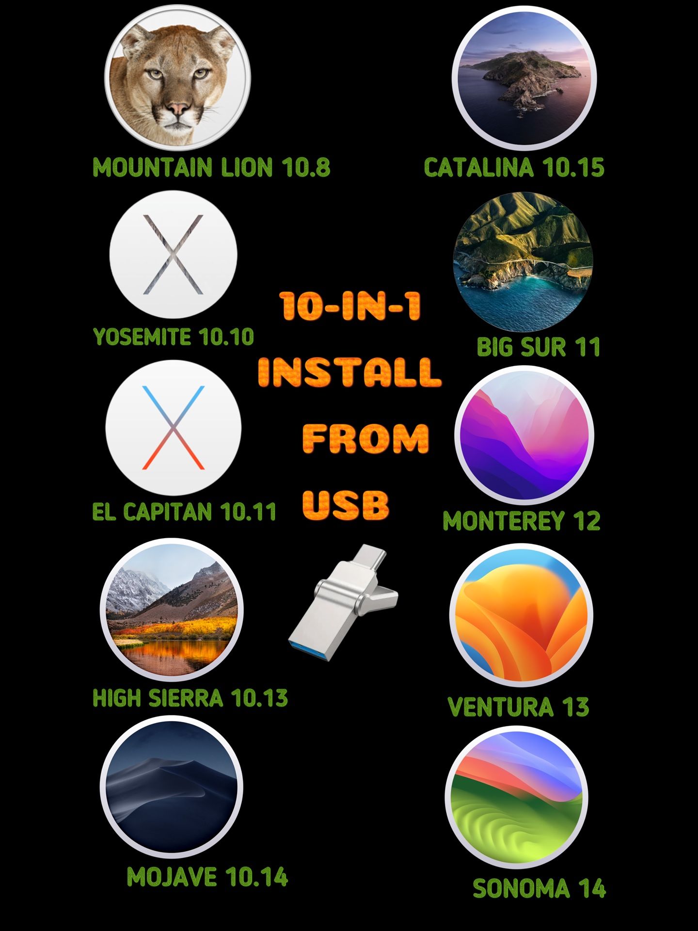 Mac OS 10-IN-1 Reinstall USB Bootable Flash Drive