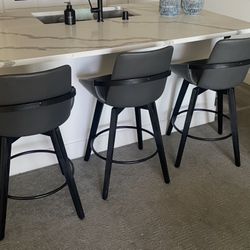 Set of 3 Modern Swivel Bar Stools – Gray Leather & Black Wood