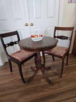 Wood bistro table & 2 vintage chairs