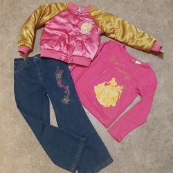 Disney Princess Outfit, 3 pieces, sz. 6, satin jacket, jeans, princess shirt