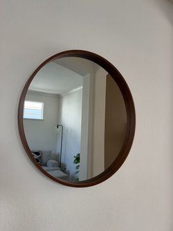 Walnut wooden frame round mirror