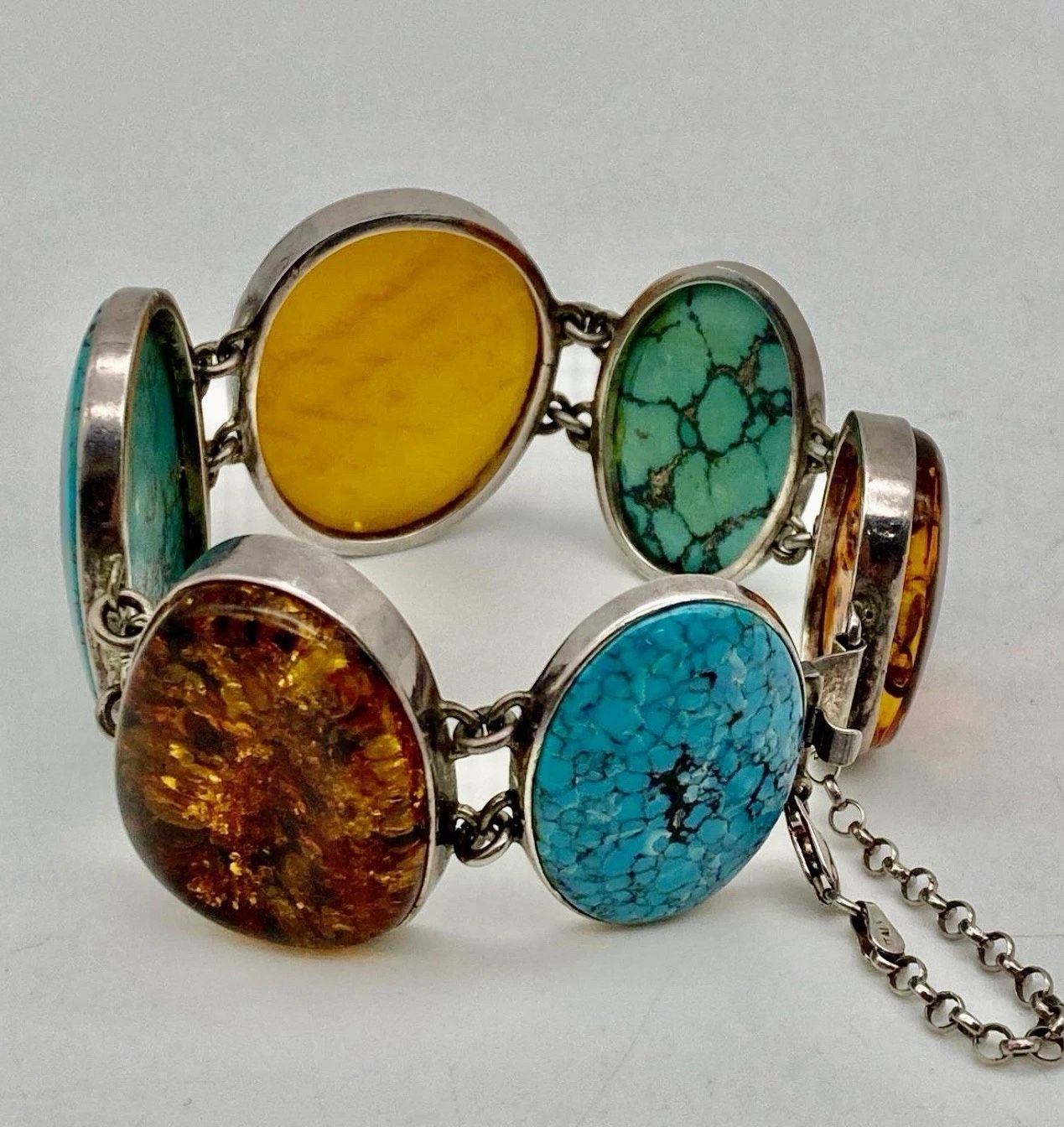 FREE SHIPPING! HUGE BALTIC AMBER & TURQUOISE 925 Silver Panel Bracelet 7.25” Lot 772