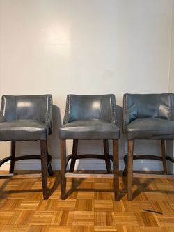 Set of 3 Gray Leather Bar Stools