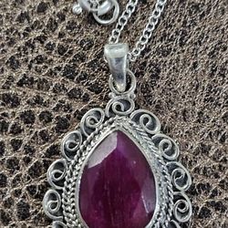  Ruby 925 Sterling Silver Pendant w/ Chain.  Genuine And New