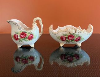 Antique Austria Hand Painted Floral Cream and Sugar Gilt Porcelain Set of 2
