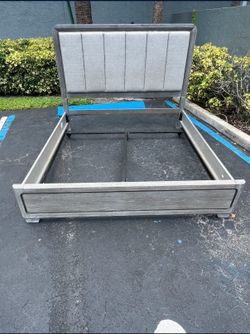 Beautiful king bedframe bed frame rustic modern wood upholstery grey gray