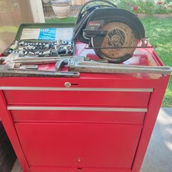 Various Tools Red Toolbox Wrenches Socket Set Craftsman Saw