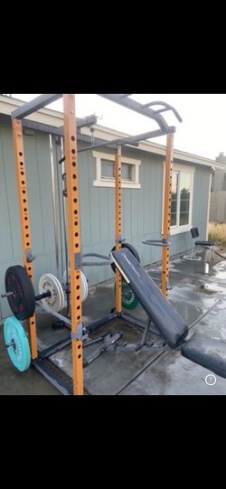 Gym Power Cage / Rack w/ Cables + Adjustable Bench, Barbell, Weights & Accessories