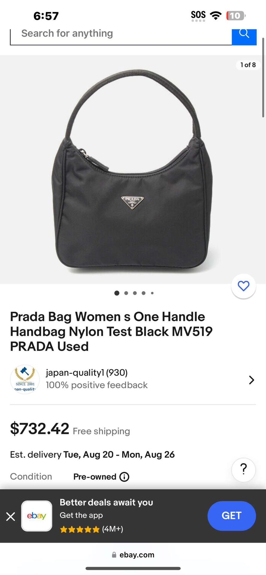 Prada Bag Women s One Handle Handbag Nylon Test Black MV519 PRADA Used