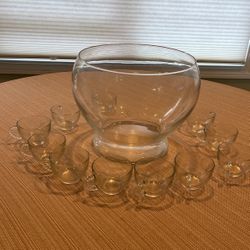 Clear Glass  Punch Bowl Set With Cups