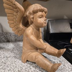 Vintage Cherub Hand Carved Wooden Angel Large 