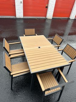 7-Piece Outdoor Dining Set with Slat Top Table and 6 Armchairs