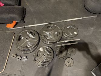 155 Lbs Standard weights, barbells, two dumbbells, collars