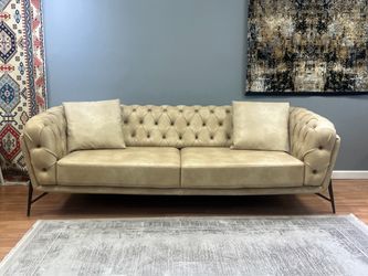 Turkish 3-Seater Sofa – Cream Faux Leather, Tufted Design