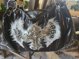 Kathy Van Zeeland Satchel, Brown Snakeskin Gothic/Angel Cross Hobo Bag Faux Fur Trim Y2K-ERA