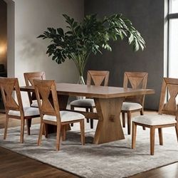 Brand New Rustic Oak Farmhouse 7pc Dining Table Set 