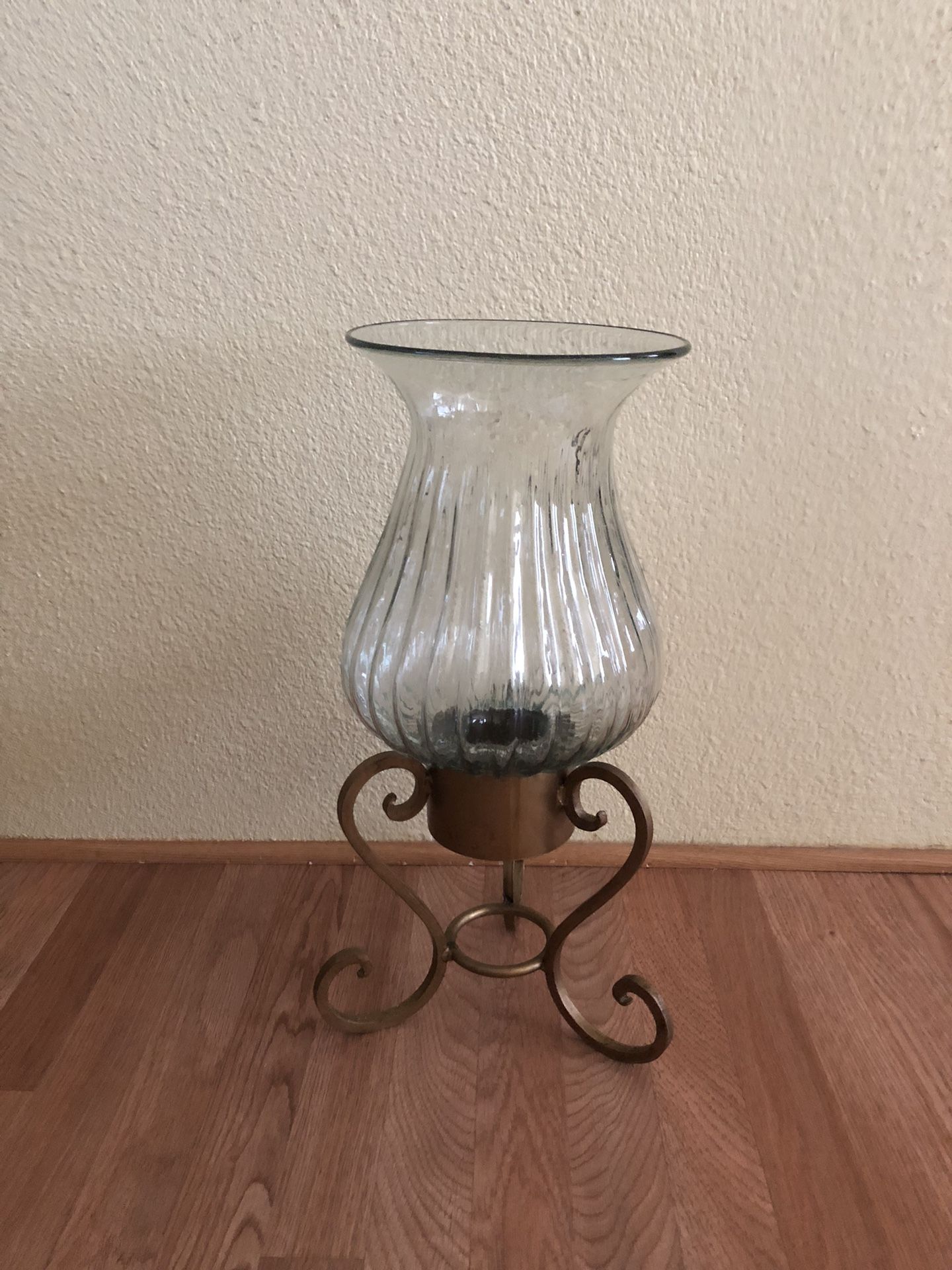 HURRICANE BLOWN GLASS VASE; WROUGHT IRON STAND 21" CANDLE HOLDER