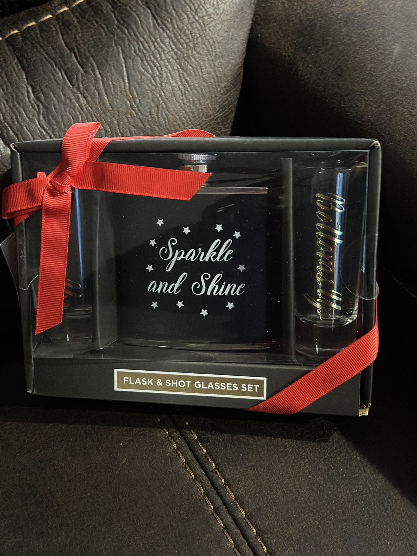 Flask and Shot Glasses Gift Set - "Sparkle and Shine", "Bottoms Up" Party Favor, Gift Set Packaged