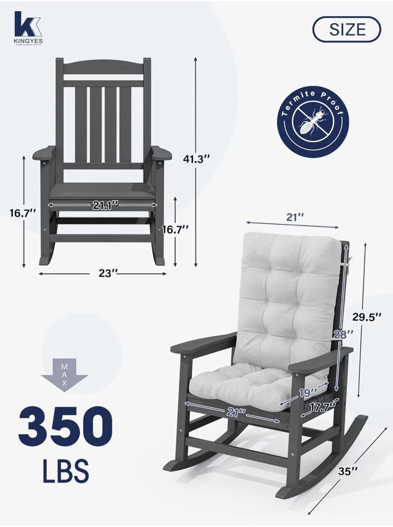 🥨HDPE Rocking Chair Outdoor with Thick Cushions, All-Weather Patio Rocking Chair Porch Rocker for Outside, Grey Chair with Grey Cushion