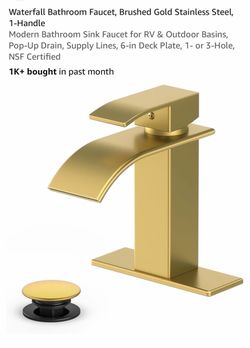Complete Brushed Gold Waterfall Faucet Set w/ Drain & Supply Lines