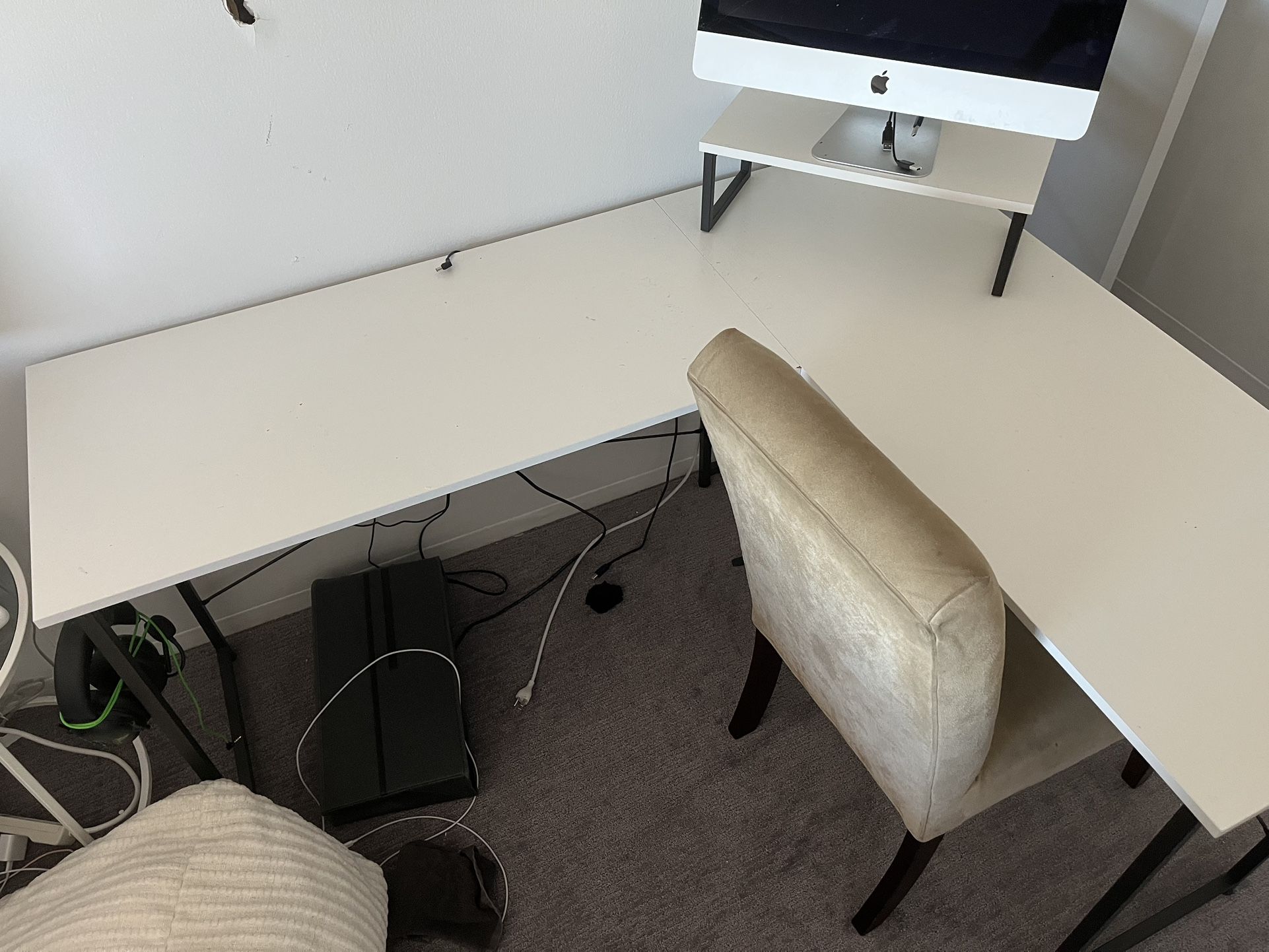 White Wooden L Desk with Monitor Stand