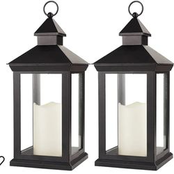 Bright Zeal 2-Pack 14" Decorative Candle Lantern Black Outdoor Lanterns with Timer Candles - IP44 Waterproof Vintage Lanterns Battery Powered LED Deco