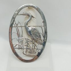 Jumbo Sterling Silver Egret Marsh Cutout Pendant Brooch 