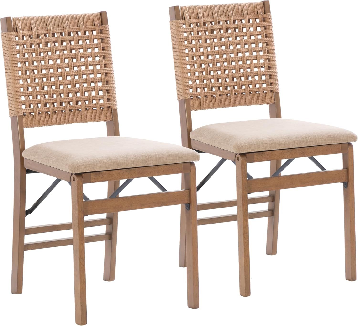 Linon Bennett Natural Folding Chair with Woven Rope Back and Linen Upholstered Seat Set of 4