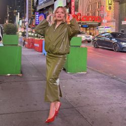 Olive Green Faux Leather Set – Jacket + Midi Skirt