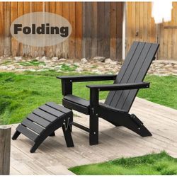 Folding Adirondack Chair with Ottoman HDPE All Weather Outdoor Foldable Adirondack Patio Chair with Footrest for Outside Pool Garden Deck, New