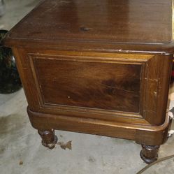 1865 toilet. solid wood with pull out foot rest and porcelain ornate lid and bucket