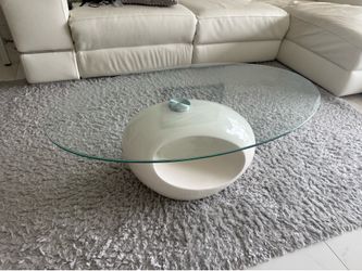 Modern Oval Glass Coffee Table with White Sculptural Base