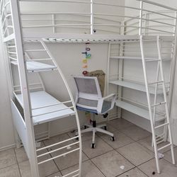 Studio Loft Bunk Bed Over Desk and Bookcase with Metal Frame.