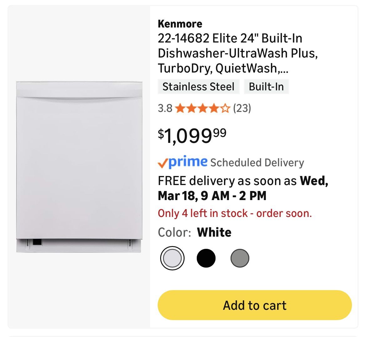 Kenmore Elite 24" Built-In Dishwasher - UltraWash Plus, TurboDry, QuietWash, SmartWash, TurboFlex Third Rack & Reach-Thru Handle - 15 Place Settings -